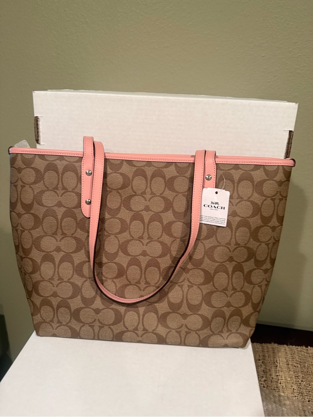 Coach Brown Signature Tote with Pink Trim and Straps